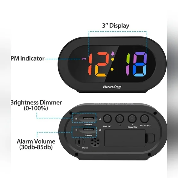 Reacher Black Digital Alarm Clock with Multicolor LED Display - Picture 5 of 11